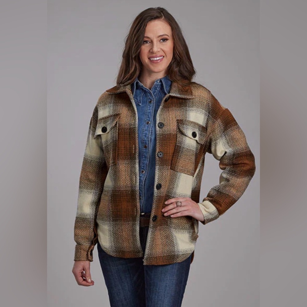 Roper Women's Plaid Utility Shacket in Brown and Cream